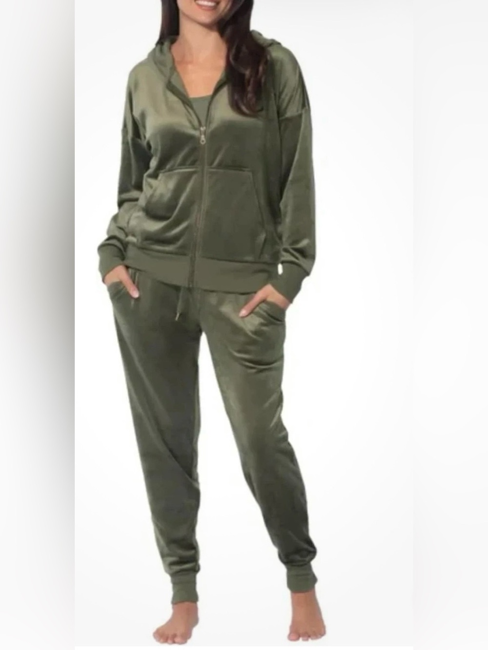 Felina Olive Green soft Velour Zip Hoodie & Joggers